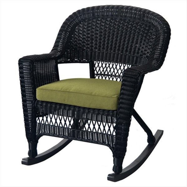 Jeco W00207R-D-2-FS029 Black Rocker Wicker Chair With Green Cushion - Set 2 W00207R-D_2-FS029